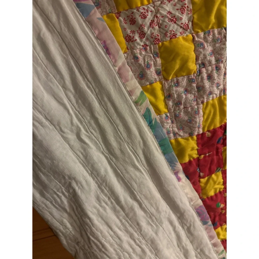 Vintage Handmade 80s 90s Patchwork Quilt Floral Geometric Print Multi Color